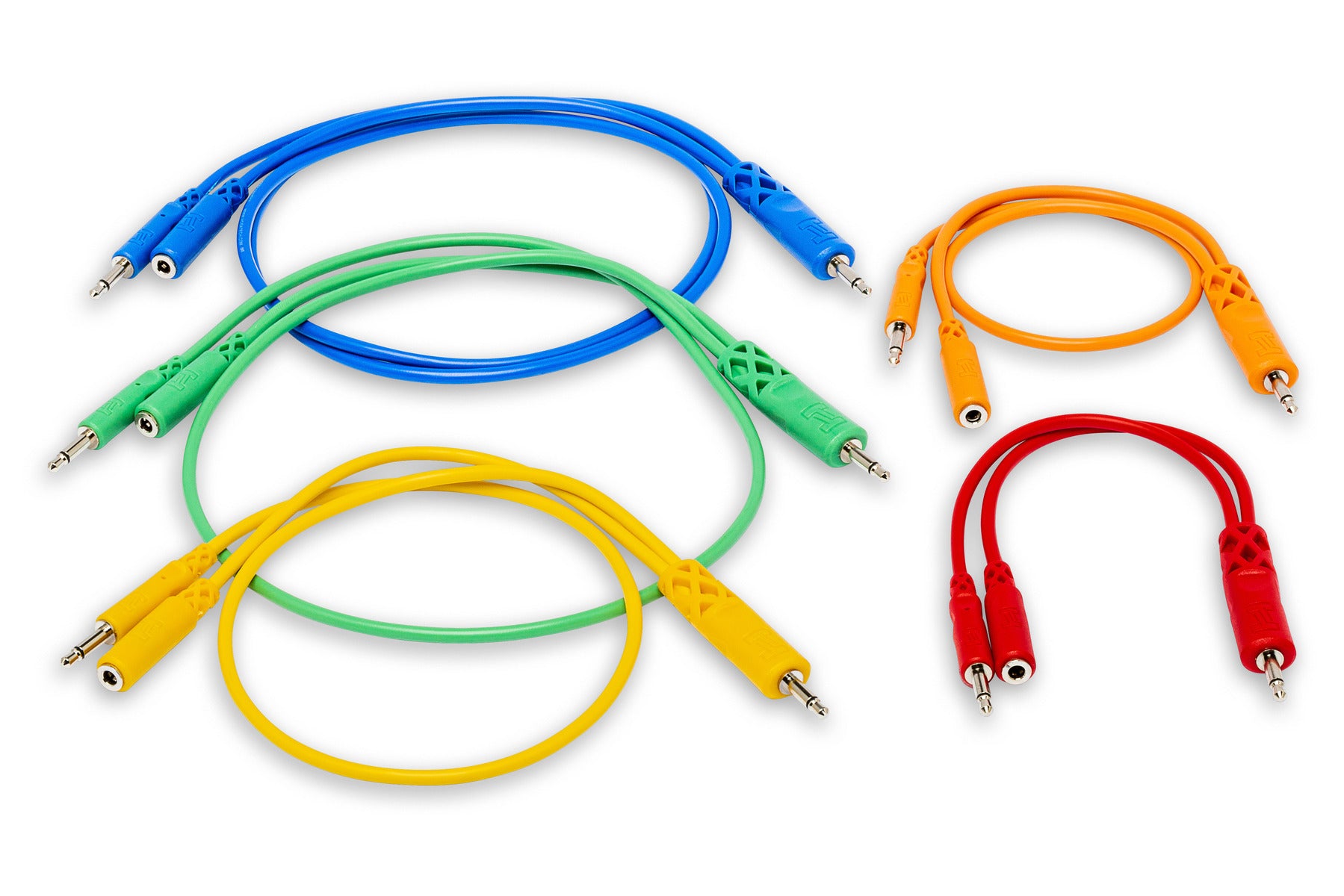 The Hosa CMM500Y mix Hopscotch Patch Cables, 3.5 Mm TS With 3.5 Mm TSf Pigtail To 3.5 Mm TS, 5 Pc, Variou