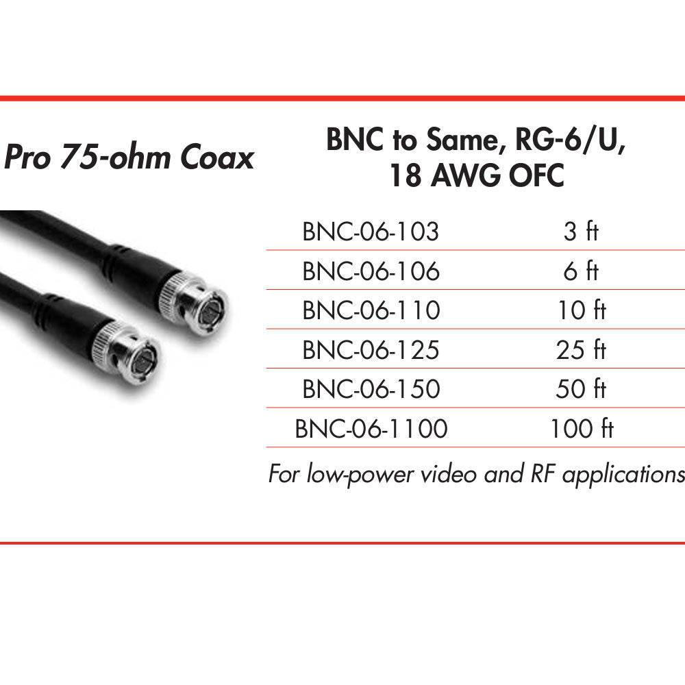 Hosa Pro BNC06103 75-Ohm Coax, BNC To BNC, 3 Ft / 0.9M