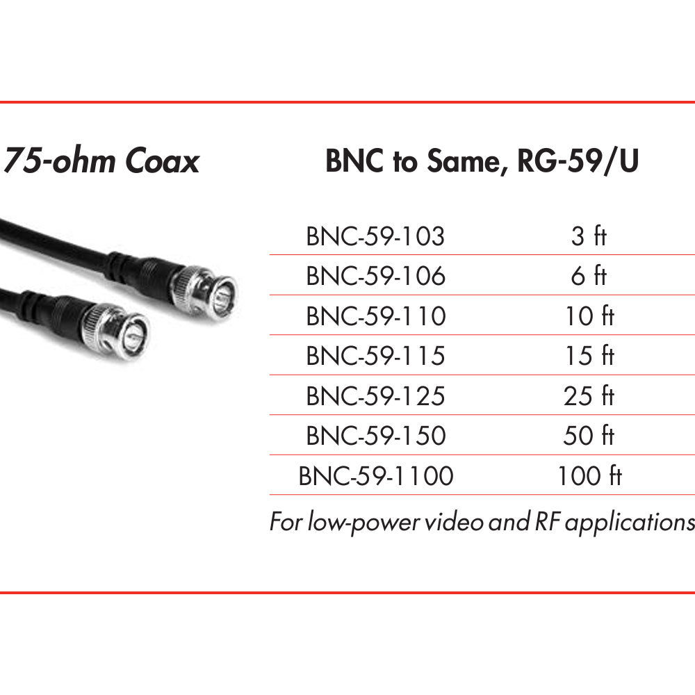 Hosa BNC59103 75-Ohm Coax, BNC To BNC, 3 Ft / 0.9M