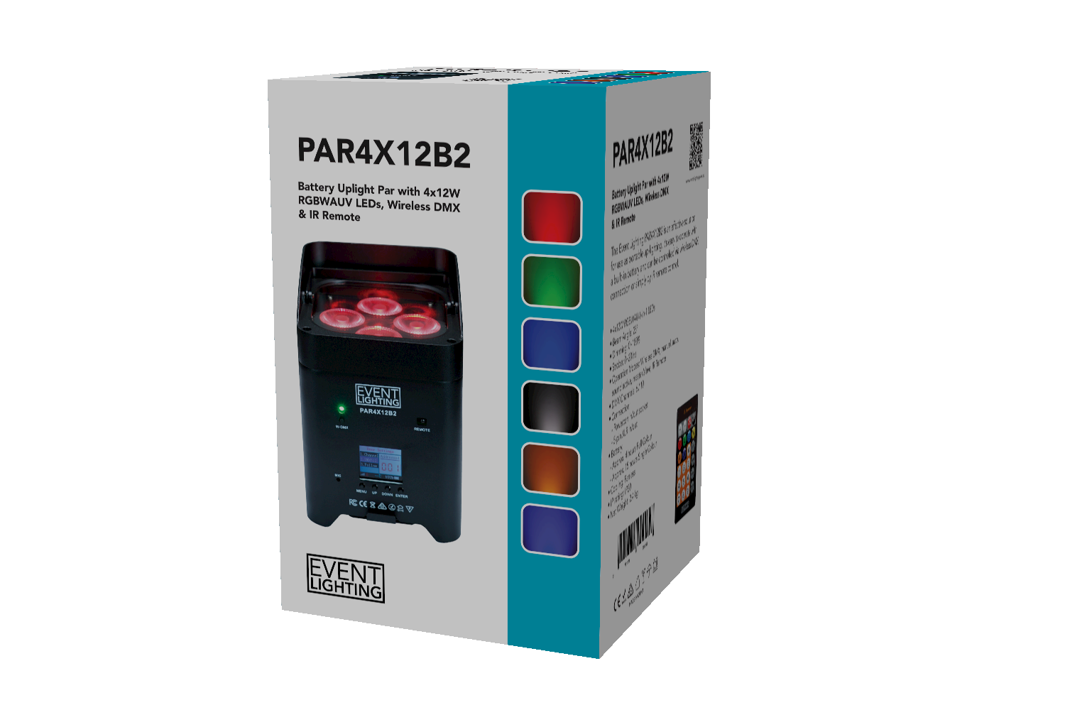 Event Lighting PAR4X12B2 - Battery Uplight 4x12W RGBWAUV LEDs, Wireless DMX & IR Remote