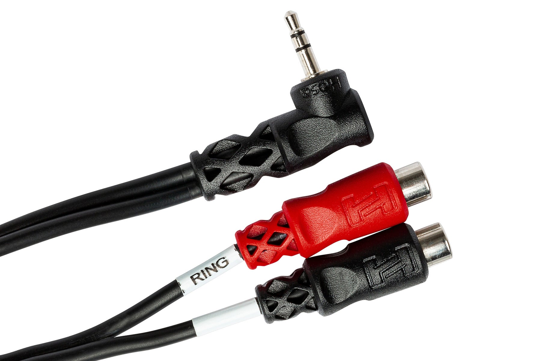 Hosa YRA167 Stereo Breakout, Right-Angle 3.5 Mm TRS To Dual RCA Female