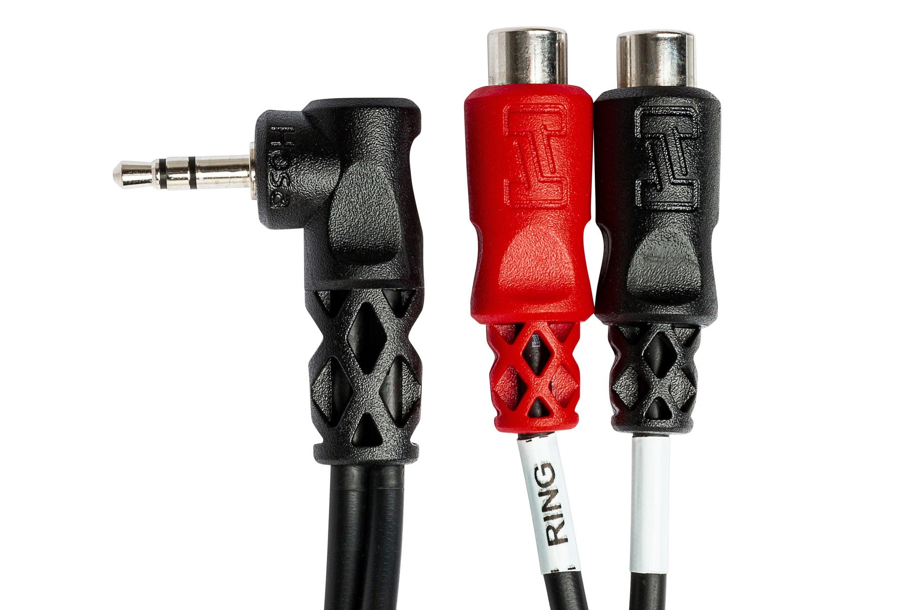 Hosa YRA167 Stereo Breakout, Right-Angle 3.5 Mm TRS To Dual RCA Female